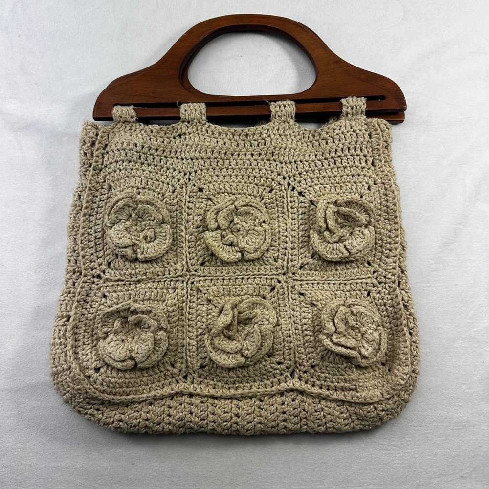 Handmade Knit Crochet Shoulder Bag Wood Floral Cottagecore Sequoia Line Tan Hobo - Picture 7 of 7
